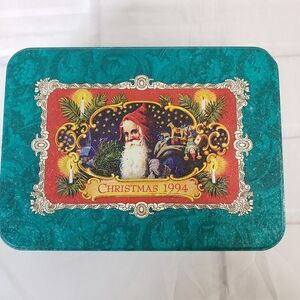 Vintage 90s Christmas Green Hallmark Collectible Victorian Style Tin Can 7"
